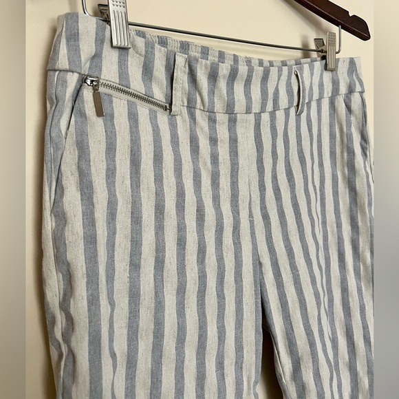 SHARAGANO Women’s Linen Blend Crop Blue Cream Stretchy Stripe Pants Size 6 - Picture 2 of 13